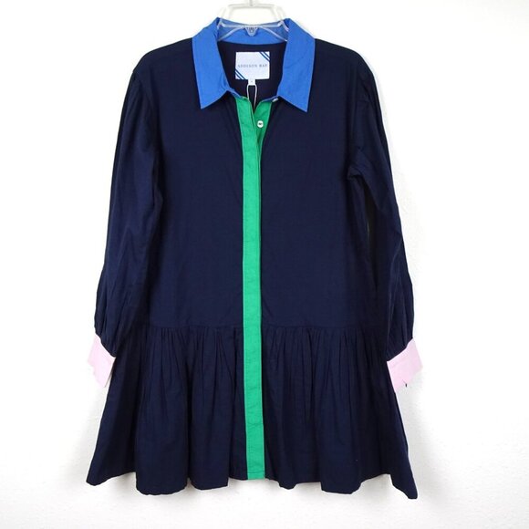 Addison Bay Poplin Dress Women's Size S Blue Button Front Drop Waist Peplum - Picture 2 of 11